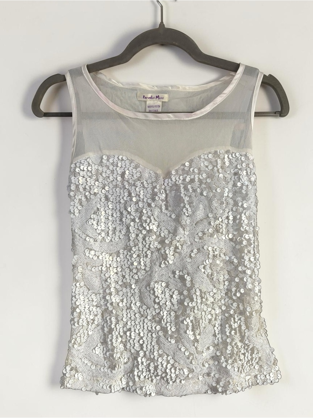VTG Paradis Miss White Sweetheart Neck Sheer Sequined Tank Top Sheer Back Sz S